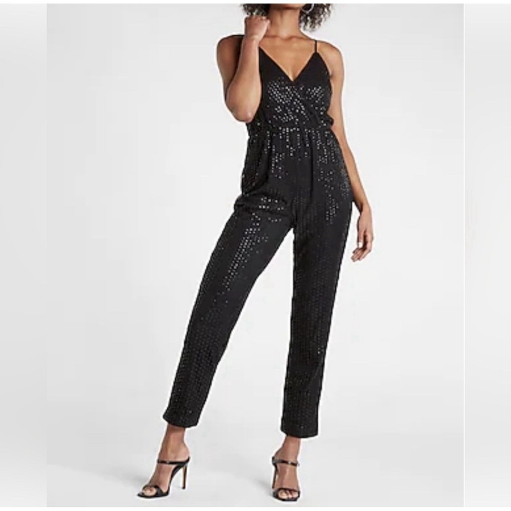 Express Size-10 Womens Jumpsuit Sequin Black Surplice Neck‎ Party